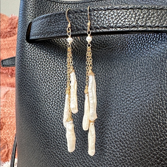 Baroque Freshwater Pearl Cascade Drop Earrings | Gold Tone | Boho Bridal - Picture 4 of 14